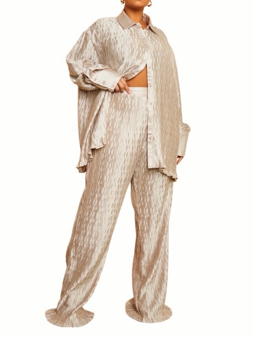 PrettyLittleThing Champagne Satin Pleated matching set